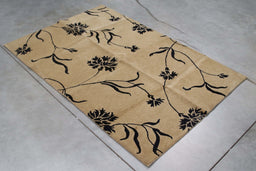 4x6 India Abstract Modern Contemporary White Black Wool and Silk Rectangular Rug