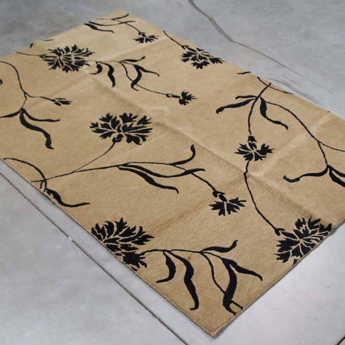 4x6 India Abstract Modern Contemporary White Black Wool and Silk Rectangular Rug