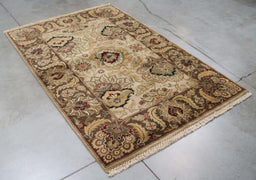 4x6 India Jaipur Ivory Brown Wool Rectangular Rug