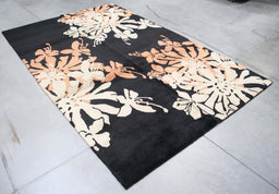 6x9 India Abstract Modern Contemporary Black Ivory Wool and Silk Rectangular Rug