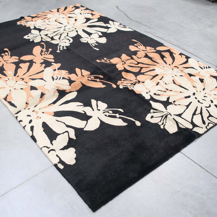 6x9 India Abstract Modern Contemporary Black Ivory Wool and Silk Rectangular Rug