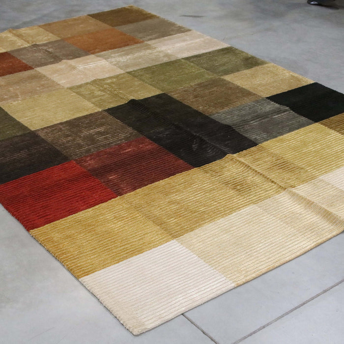 6x8 India Abstract Modern Contemporary Checkered Multicolored Wool Rectangular Rug