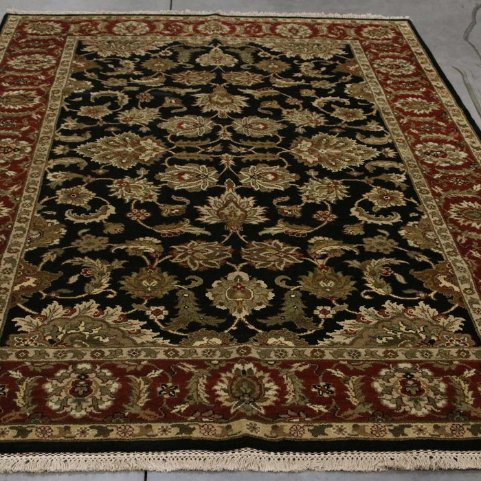 6x8 India Jaipur Black Red Burgundy Wool Rectangular Rug