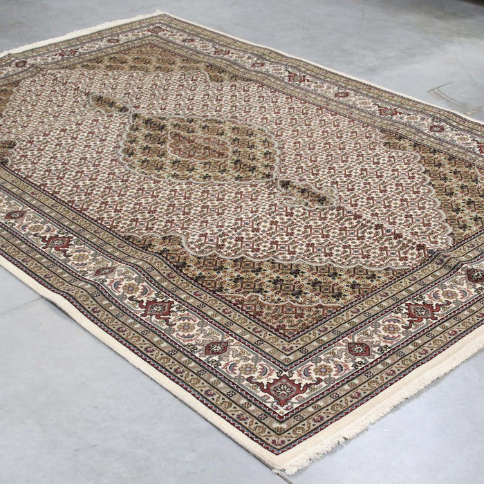6x9 India Persian Tabriz Mahi Fish Ivory Brown Wool and Silk Rectangular Rug