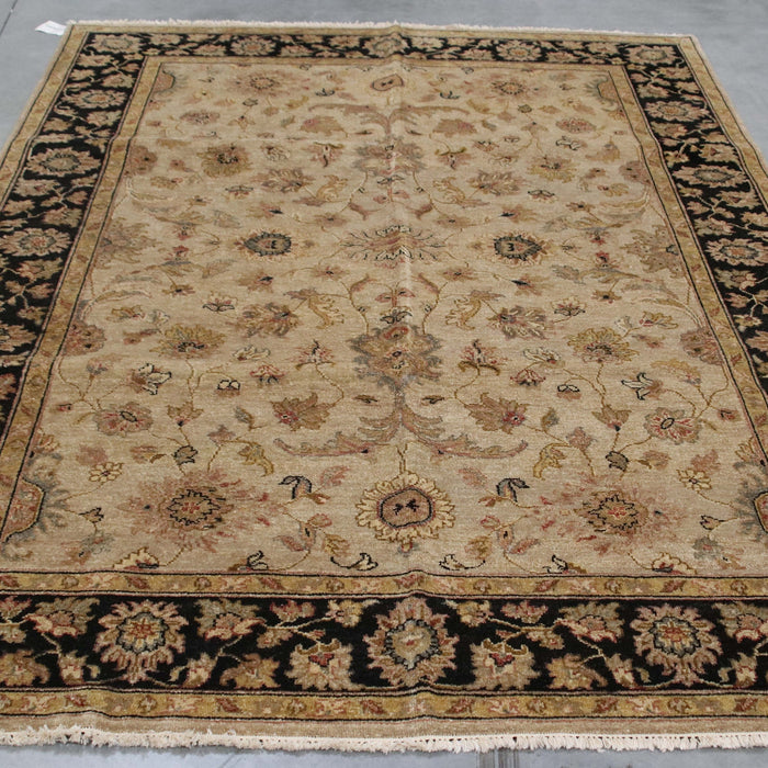 6x8 India Oushak Ivory Black Wool Rectangular Rug