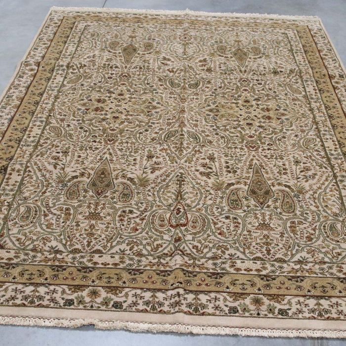 6x9 India Jaipur Ivory Green Wool Rectangular Rug
