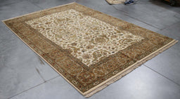 6x9 India Jaipur Ivory Brown Wool Rectangular Rug
