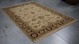 6x9 India Jaipur Ivory Brown Wool Rectangular Rug