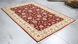 6x9 India Oushak Red Ivory Wool Rectangular Rug