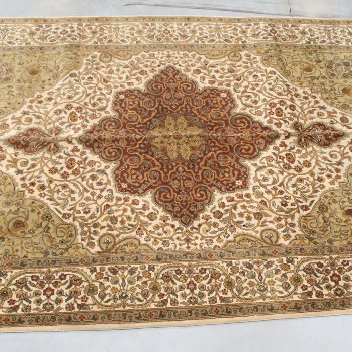 6x8 India Jaipur Medallion Ivory Green Wool Rectangular Rug