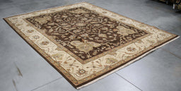 7x9 India Oushak Brown Ivory Wool Rectangular Rug