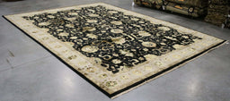 10x14 India Japiur Traditional Black Ivory Wool and Silk Rectangular Rug