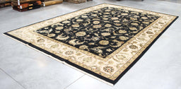9x14 India Japiur Traditional Black Ivory Wool and Silk Rectangular Rug