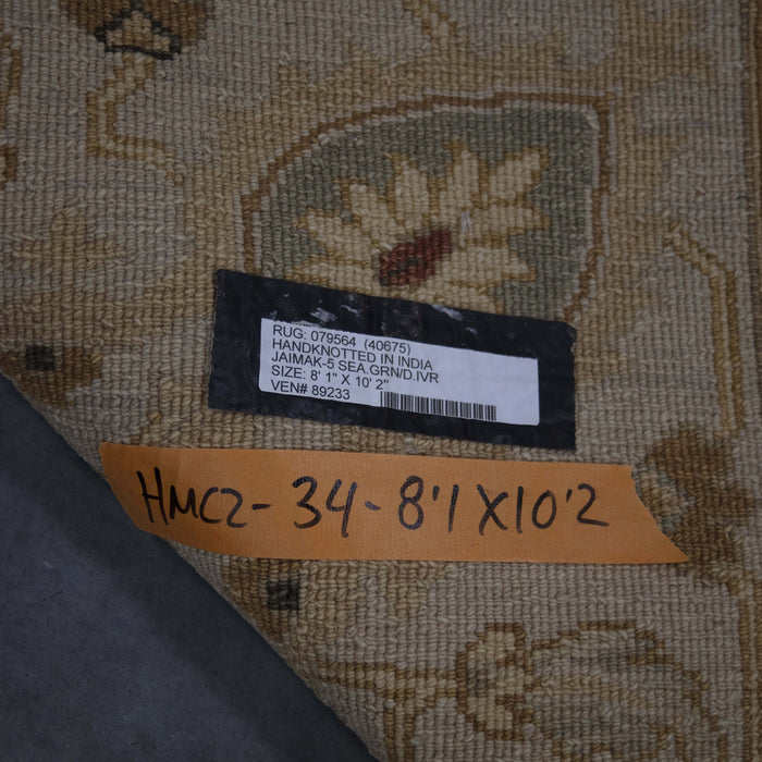 8x10 India Flat Weave Green Ivory Wool Rectangular Rug