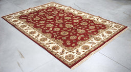 5x9 India Japiur Traditional Red Ivory Wool Rectangular Rug