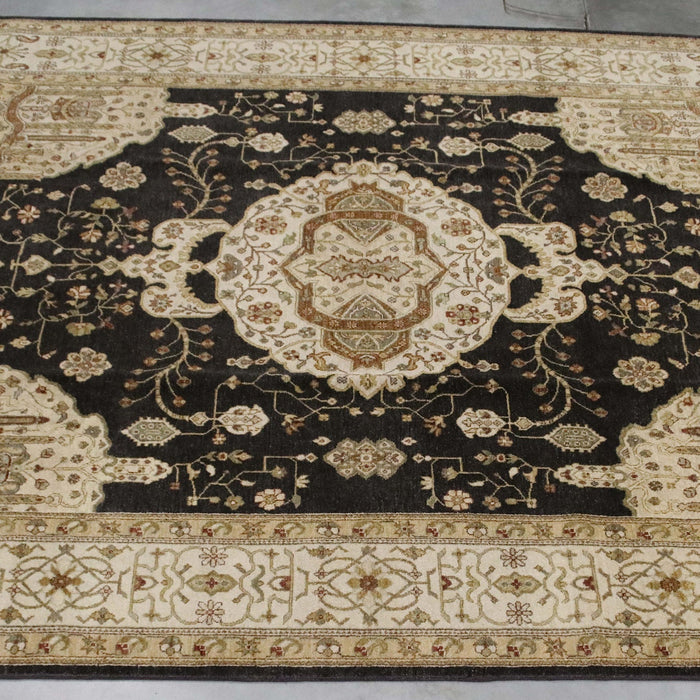 7x10 India Oushak Black Ivory Wool Rectangular Rug