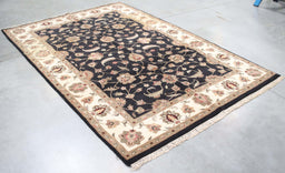 6x9 India Japiur Traditional Black Ivory Wool Rectangular Rug
