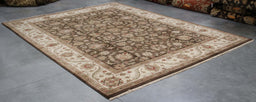 9x11 India Japiur Traditional Brown Ivory Wool Rectangular Rug