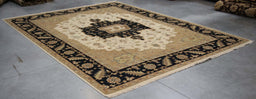 9x11 India Geometric Heriz Ivory Black Wool Rectangular Rug
