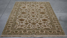 5x8 India Japiur Traditional Ivory Green Wool Rectangular Rug