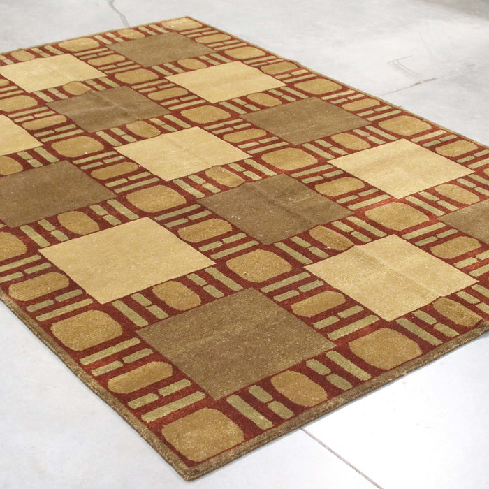 6x8 India Abstract Modern Contemporary Brown Ivory Wool Rectangular Rug
