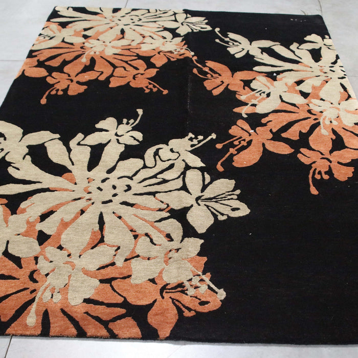 6x9 India Abstract Modern Contemporary Black Terrocotta Wool Rectangular Rug