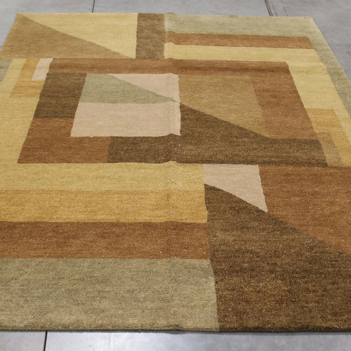 6x8 India Abstract Modern Contemporary Brown Green Wool Rectangular Rug