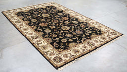 6x9 India Japiur Traditional Black Ivory Wool Rectangular Rug