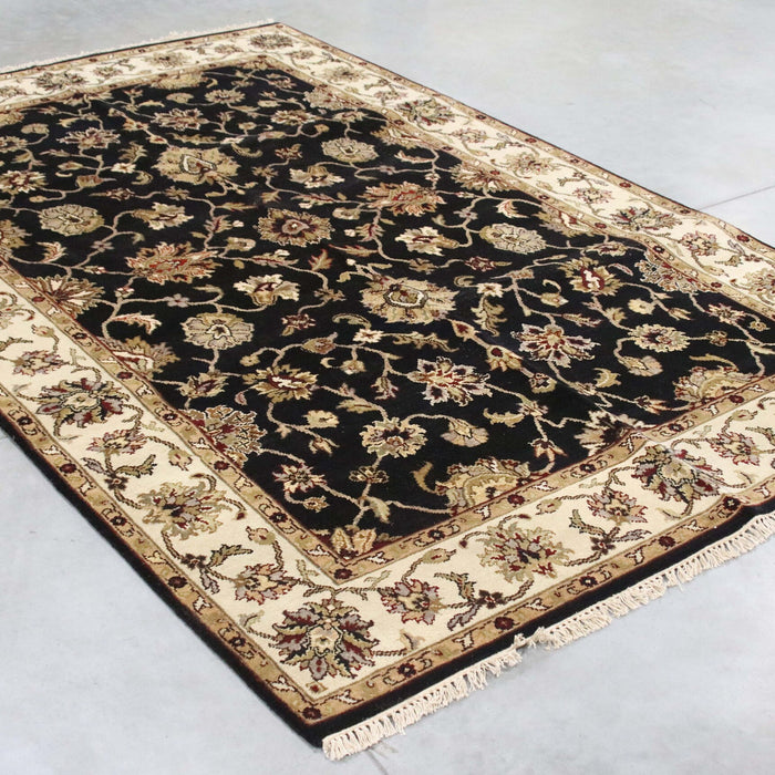 6x9 India Japiur Traditional Black Ivory Wool Rectangular Rug