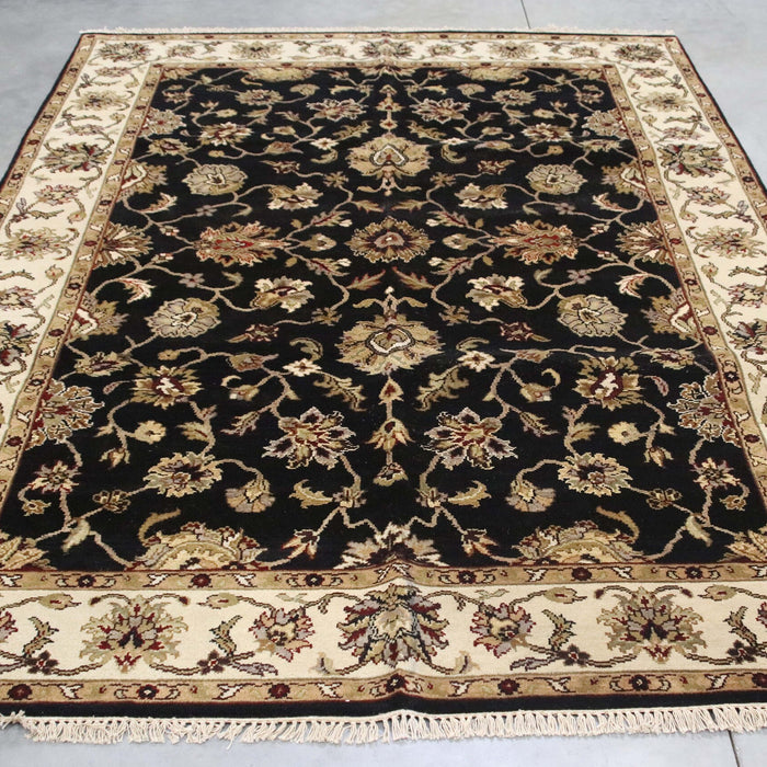6x9 India Japiur Traditional Black Ivory Wool Rectangular Rug
