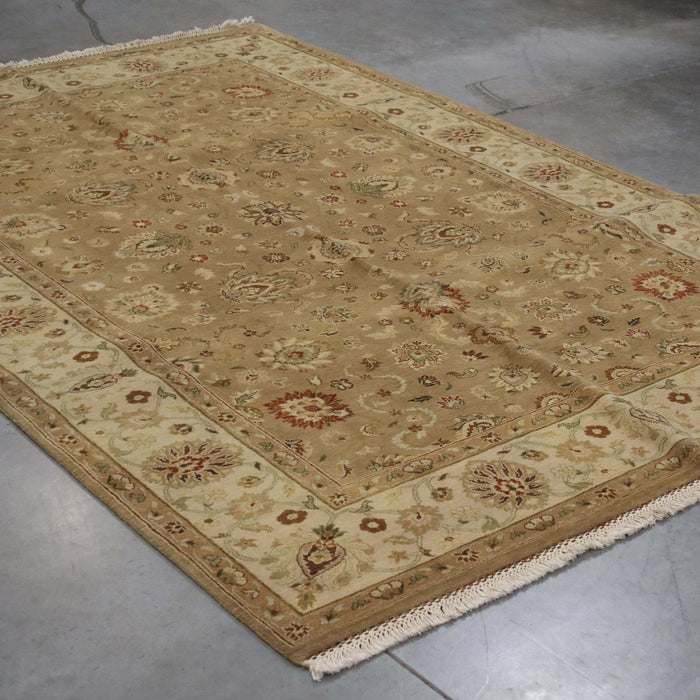 6x9 India Japiur Traditional Brown Ivory Wool Rectangular Rug