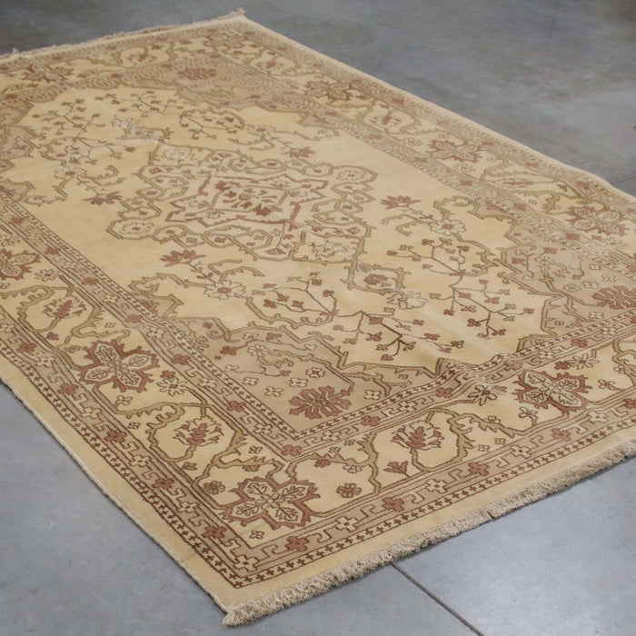 6x9 India Japiur Traditional Brown Ivory Wool Rectangular Rug
