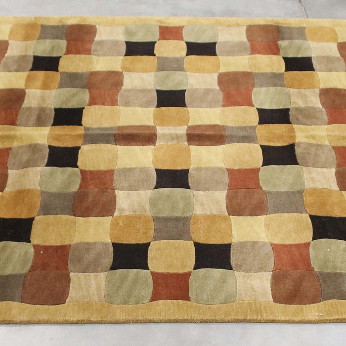 6x9 India Abstract Modern Contemporary Checkered Multicolored Brown Wool Rectangular Rug