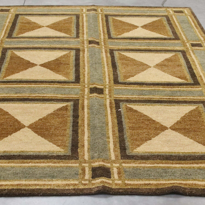 6x9 India Abstract Modern Contemporary Brown Green Wool Rectangular Rug