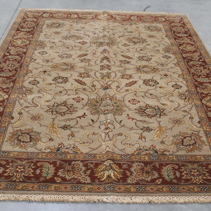 6x8 India Japiur Traditional Ivory Red Wool Rectangular Rug