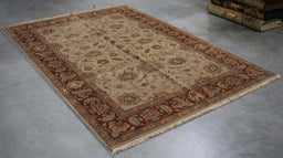 6x8 India Japiur Traditional Ivory Red Wool Rectangular Rug