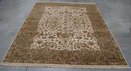 6x9 India Japiur Traditional Ivory Brown Wool Rectangular Rug
