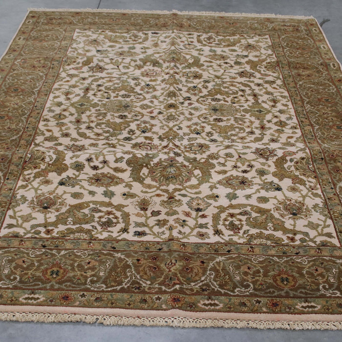 6x9 India Japiur Traditional Ivory Brown Wool Rectangular Rug