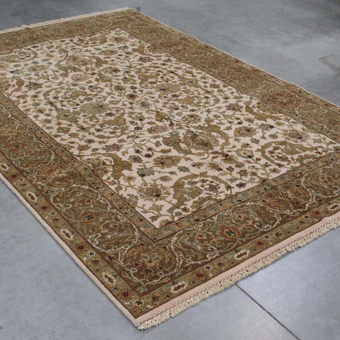 6x9 India Japiur Traditional Ivory Brown Wool Rectangular Rug