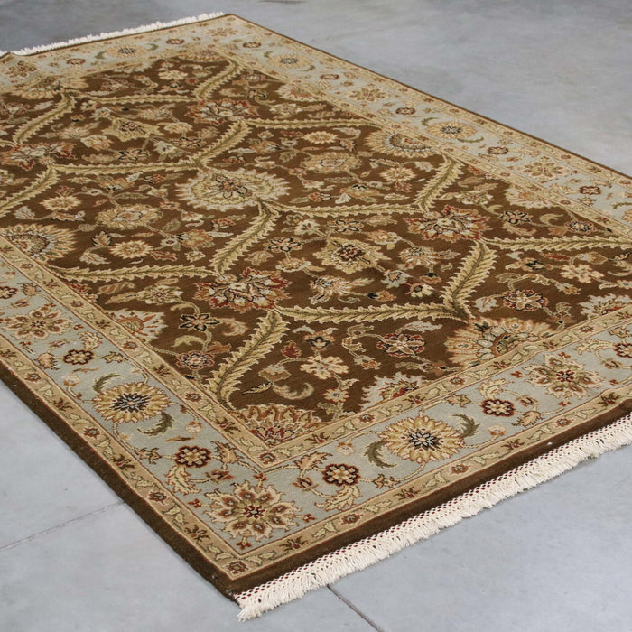 6x8 India Japiur Traditional Brown Blue Wool Rectangular Rug