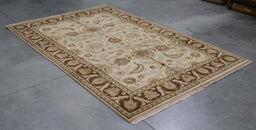 6x9 India Japiur Traditional Ivory Brown Wool Rectangular Rug