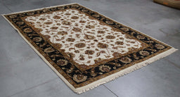 6x9 India Japiur Traditional Ivory Black Wool Rectangular Rug