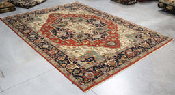 10x14 India Persian Heriz Serapi Terracotta Navy Blue Ivory Wool Rectangular Rug
