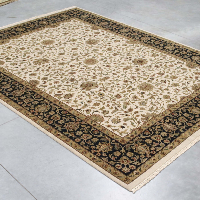 9x12 India Japiur Traditional Ivory Black Wool Rectangular Rug