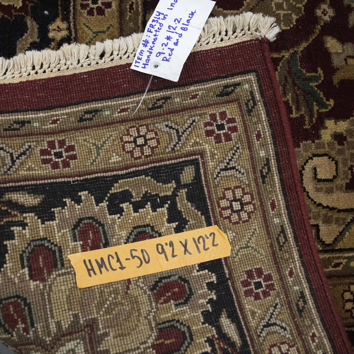 9x12 India Japiur Traditional Red Burgundy Black Wool Rectangular Rug