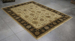 9x12 India Japiur Traditional Ivory Brown Wool Rectangular Rug